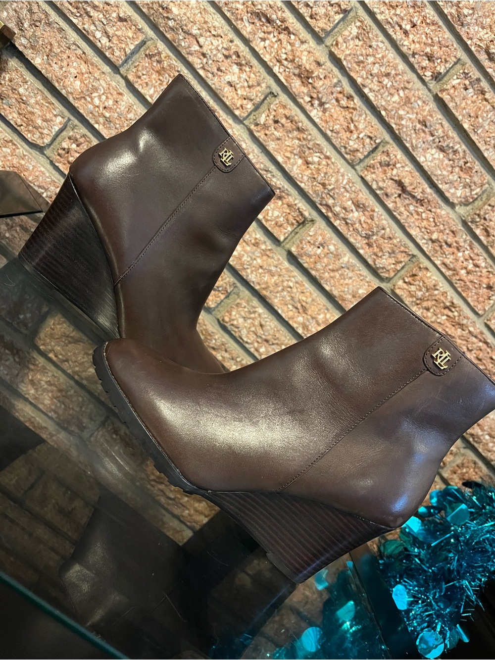 Lauren Ralph Lauren Brown Leather Wedge Ankle Boots